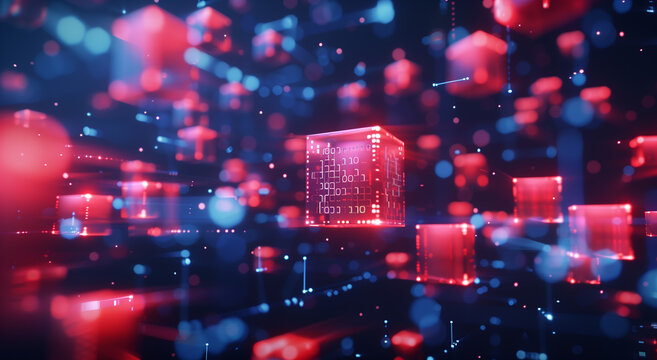 A digital illustration of red blocks with binary code and text floating in the air, representing blockchain technology. An abstract and futuristic scene.