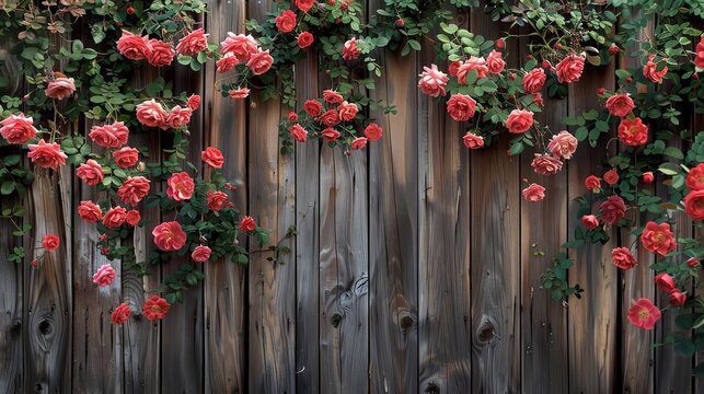 A beautiful climbing rose plant with delicate pink flowers cascading down a rustic wooden fence.
