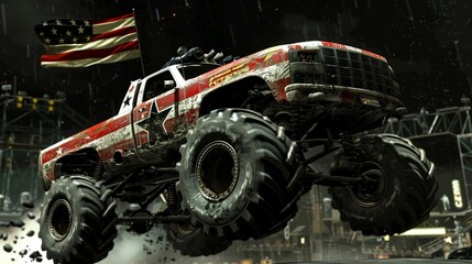 Fototapeta premium Patriotic monster truck performing a stunt, stars and stripes design, dark backdrop, vibrant and energetic