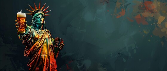 Fototapeta premium Statue of Liberty lifting a beer glass, dark background, festive and humorous, bold illustration 8K , high-resolution, ultra HD,up32K HD