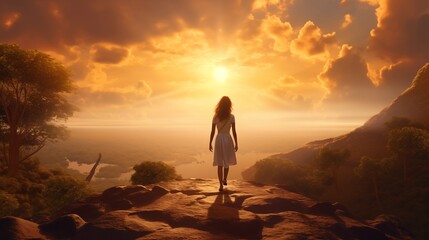 Fototapeta premium Woman Walking Towards a Glorious Sunset on a Mountain Ridge
