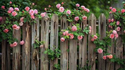 Fototapeta premium A beautiful wooden fence is covered in climbing pink roses.