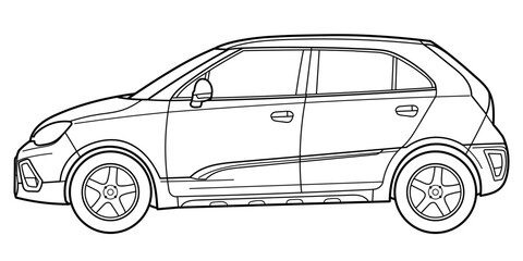 Outline drawing of a hatchback car from rear and side view. Classic style. Vector outline doodle illustration. Design for print or color book.	