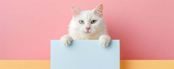  Cat holds a blank white sign mock-up on pastel pink background with copy space for text, template for vet clinic, pet store or adoption messages.