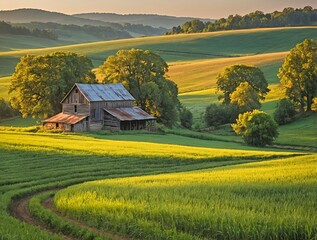 a barn on a hill next to trees and green grass