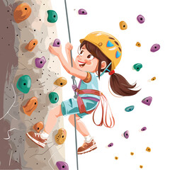 Young girl climbing wall, enthusiastic expression, wearing helmet harness, indoor activity, cartoon style. Child climber reaches handhold, climbing gear visible, representing adventure sports