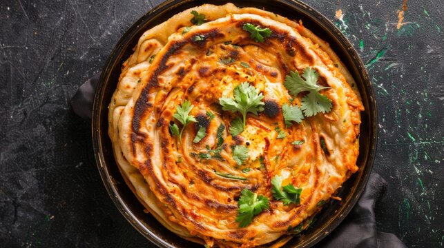 Homemade Kerala wheat paratha or layered parotta served with Paneer curry,