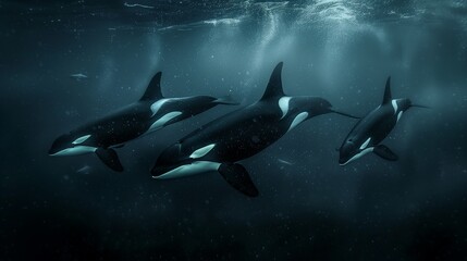 A pod of sleek orcas gliding effortlessly through the dark depths of the ocean.