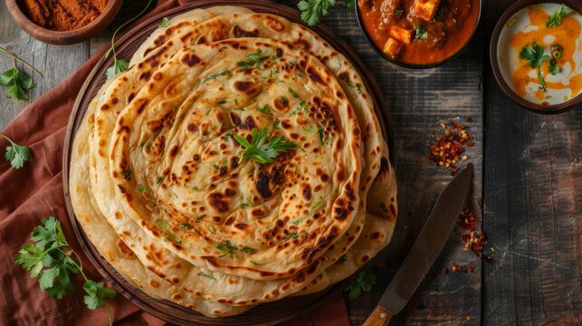 Homemade Kerala wheat paratha or layered parotta served with Paneer curry,