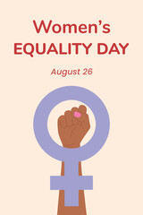 A postcard with a symbol of feminism a clenched fist raised by a woman against the background of the Mirror of Venus. National Women's Equality Day, USA. Flat vector illustration EPS10