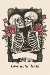 Love until death do us part valentine tarot card style poster with romantic embracing lovers skeleton and roses