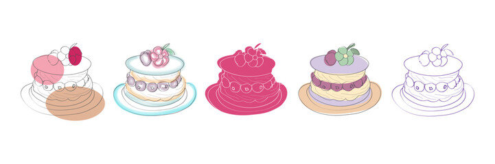 A digital illustration of five colorful berry cakes with various toppings, each on a plate.