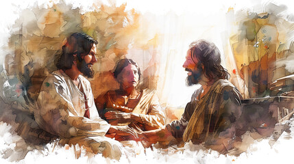 Digital watercolor painting of Jesus Watercolor painting, Jesus healing a sick woman in her humble home, family members looking on with gratitude, warm light filling the room,