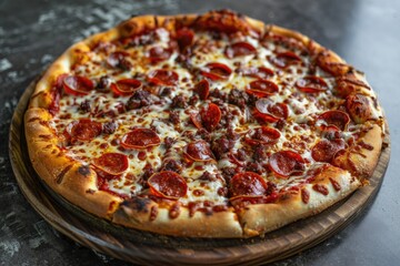 Delicious Pepperoni Pizza Slice with Melting Cheese and Fresh Ingredients on Rustic Background