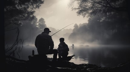 Father and Son Silhouetted on a Tranquil Misty Morning Fishing by the Lake