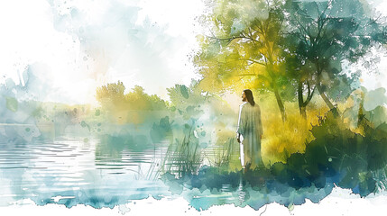 Fototapeta premium Digital watercolor painting of Jesus Watercolor painting, Jesus standing at the edge of a serene lake, wearing a flowing white robe, gentle smile, with a peaceful expression