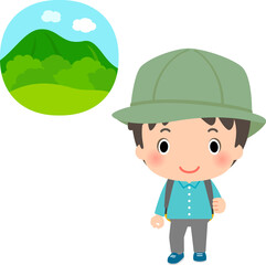 山を歩く男性、ハイキング