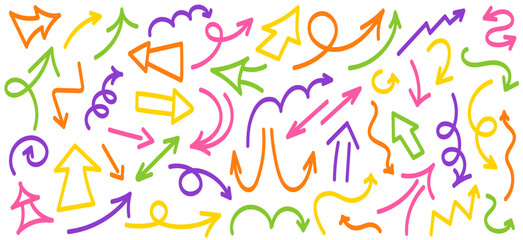 Scribble arrows collection. Children's Doodles Arrows, Pointers. Doodle arrow sketch sign and set of hand drawn. Colorful Arrows hand drawn with marker. Vector isolated illustration