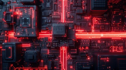 Industrial building with red neon accents, aerial perspective, cyberpunk style, dark and intricate, hightech 8K , high-resolution, ultra HD,up32K HD