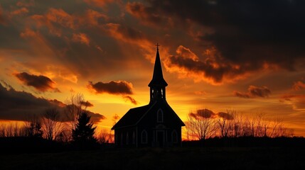 Obraz premium A quaint countryside church silhouetted against the warm glow of sunset, its steeple reaching towards the darkening sky.