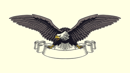 Hand Drawn Illustration of Pierce American Eagle Perched on Ribbon