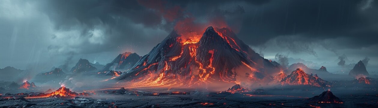 Volcanic pyramids with glowing lava, stormy weather, dark and detailed, fantasy illustration, intense and dramatic 8K , high-resolution, ultra HD,up32K HD