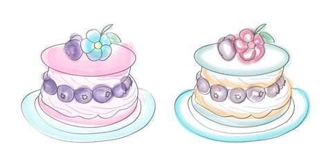 Two watercolor sketches of blueberry cakes with cream frosting and flowers on top, served on plates.