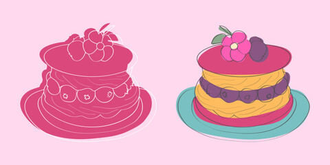 A hand-drawn illustration of two cakes with different toppings, including berries and flowers.