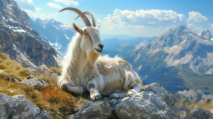 A white mountain goat with long horns is lying on top of an alpine mountain, with a blue sky and mountains in the background. Mountain landscape background. - Powered by Adobe
