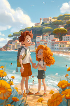 A lovly couple at the beach. Stident outfit.  Beautiful sea and blue sky background. Illustration cartoon. AI Generative