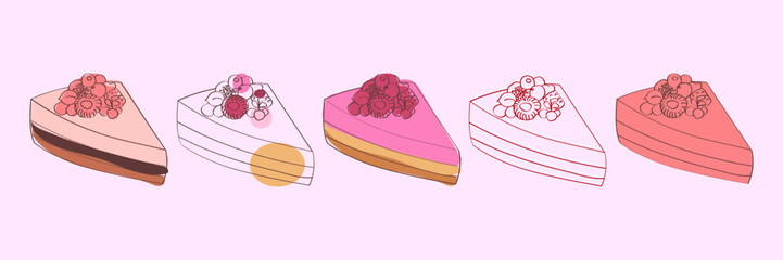 An illustration of five different cake slices, all topped with various berries.