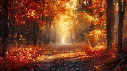 Vibrant autumn forest with a path covered in fallen leaves, illuminated by golden sunlight filtering through the trees.
