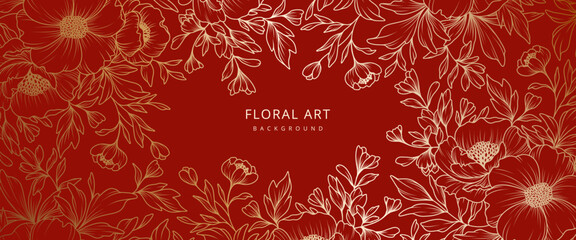 Luxury floral red background with gold hand drawn flowers. Vector design template for postcard, wall poster, business card, flyer, banner, wedding invitation, print, cover, wallpaper