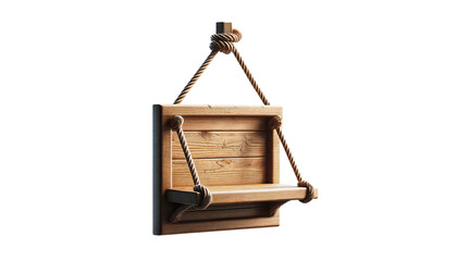wooden shelf hanging on a rope  isolated on transparent or white background