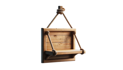 wooden shelf hanging on a rope  isolated on transparent or white background