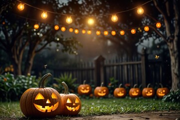 Halloween pumpkin in the garden in Halloween night, celebrating Halloween day