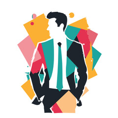Young businessman silhouette against abstract colorful geometric background. Confident professional stands hands pockets, stylized contemporary design. Fashionable corporate attire illustrates