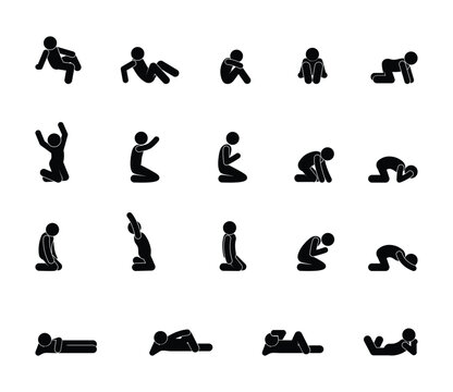 icon man kneeling, stickman set, silhouettes of people isolated, prayer illustration