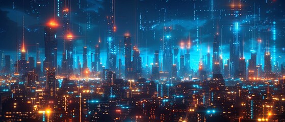Futuristic cityscape with glowing digital lights, blue and orange hues, detailed and vibrant, cyberpunk style 8K , high-resolution, ultra HD,up32K HD
