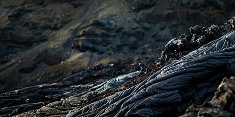 Eroded volcanic mountain side, close-up on layers of hardened lava, dynamic light, early morning.