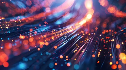 Fototapeta premium A vibrant abstract representation of data and technology with glowing lights and fiber optic lines in blue and orange hues.
