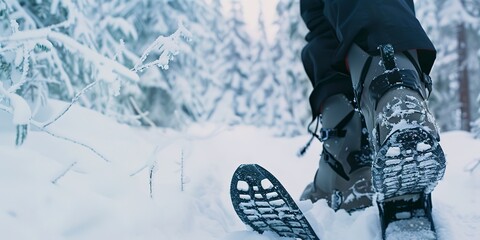 Snowshoes on a mountain trail, close-up on footwear and deep snow, serene forest backdrop, early morning. 