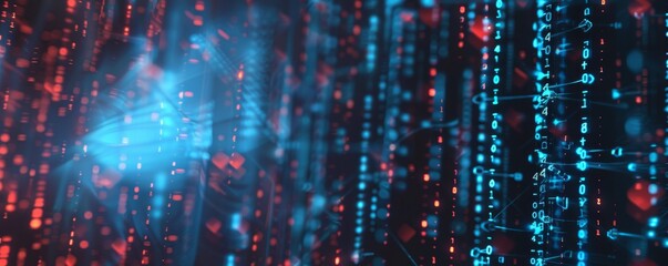 Obraz premium Abstract digital data background depicting a futuristic matrix with glowing blue and red binary code lines.
