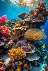 colorful coral reefs crystal clear ocean waters, vibrant, formations, pristine, tropical, underwater, ecosystems, marine, life, stunning, blue, flora, fauna, gardens