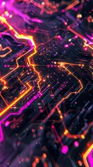 Abstract glowing neon circuitry with vibrant purple and orange lights, depicting futuristic technology and digital innovation.