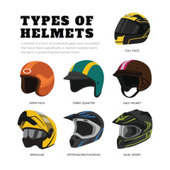 Set of different types of motorcycle helmet with full face, open face, three quarter, half helmet,modular, offroad motocross, dual sport, racing helmet for head protection, vector illustration. © vesvocrea
