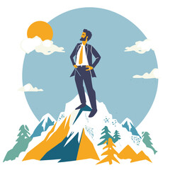 Fototapeta premium Businessman standing confident top mountain peak, success leadership concept. Confident male cartoon character, successful entrepreneur outdoor achievement. Ambitious executive conquer mountain