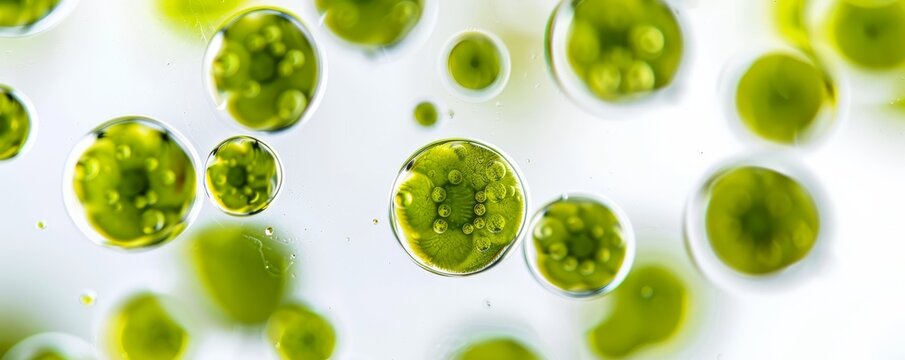 Close-up of green algae cells under a microscope depicting detailed cellular structures. Perfect for scientific and biological research visuals.