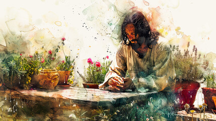 Fototapeta premium Digital watercolor painting of Jesus sitting at a rustic wooden table in a sunlit garden, surrounded by pots of blooming flowers and lush greenery, the sound of bees buzzing among the blossoms