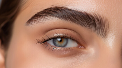 Close-up gray eye, beauty salon treatment, 2d volume, classical lashes, brows lamination